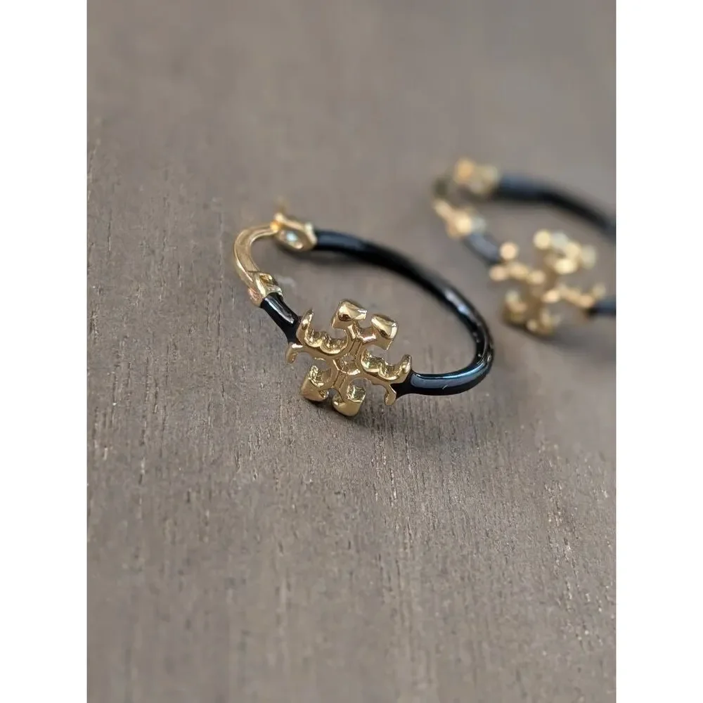TORY BURCH Black Eleanor Hoop Earrings